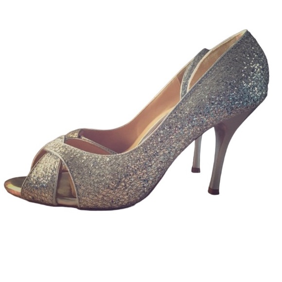 Silver Glitter Peep Toe Windsor Stiletto Heels Size 8.5 - Picture 1 of 4